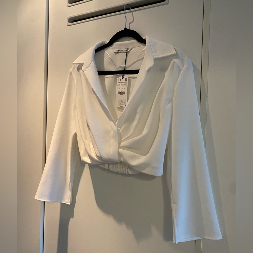 White low cut Zara shirt with scrunch tie